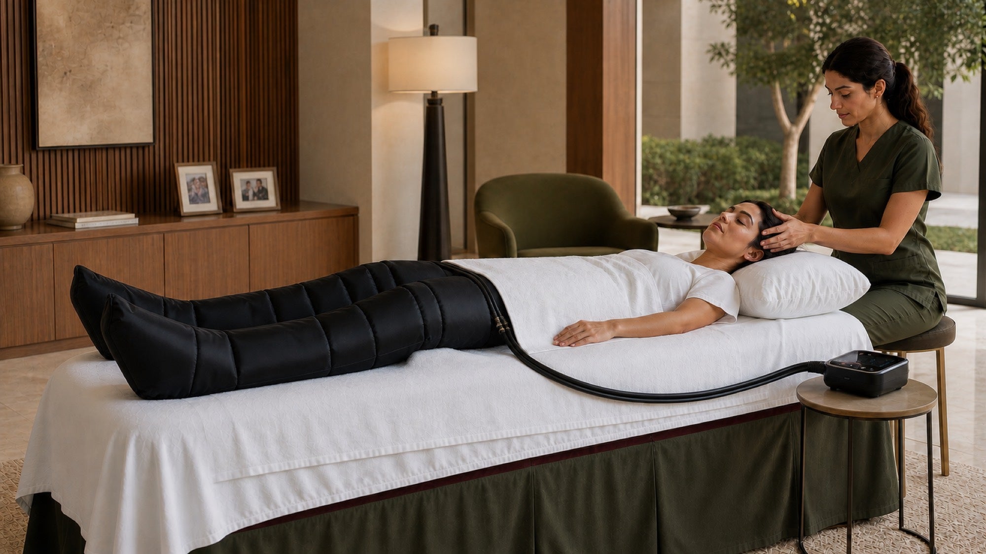 A woman receiving pneumatic compression therapy during an at-home Hanavi appointment.
