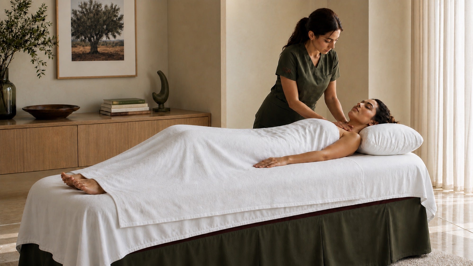 A female Hanavi practitioner providing a private massage treatment at home.
