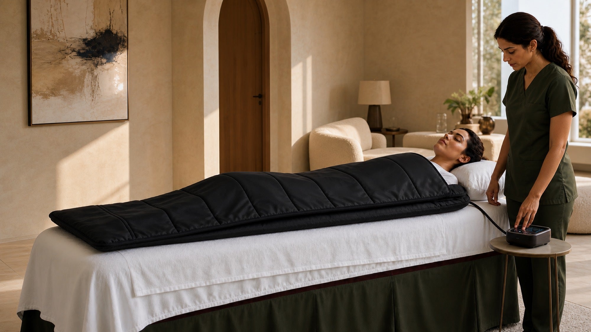 A woman resting during an at-home infrared sauna blanket session.